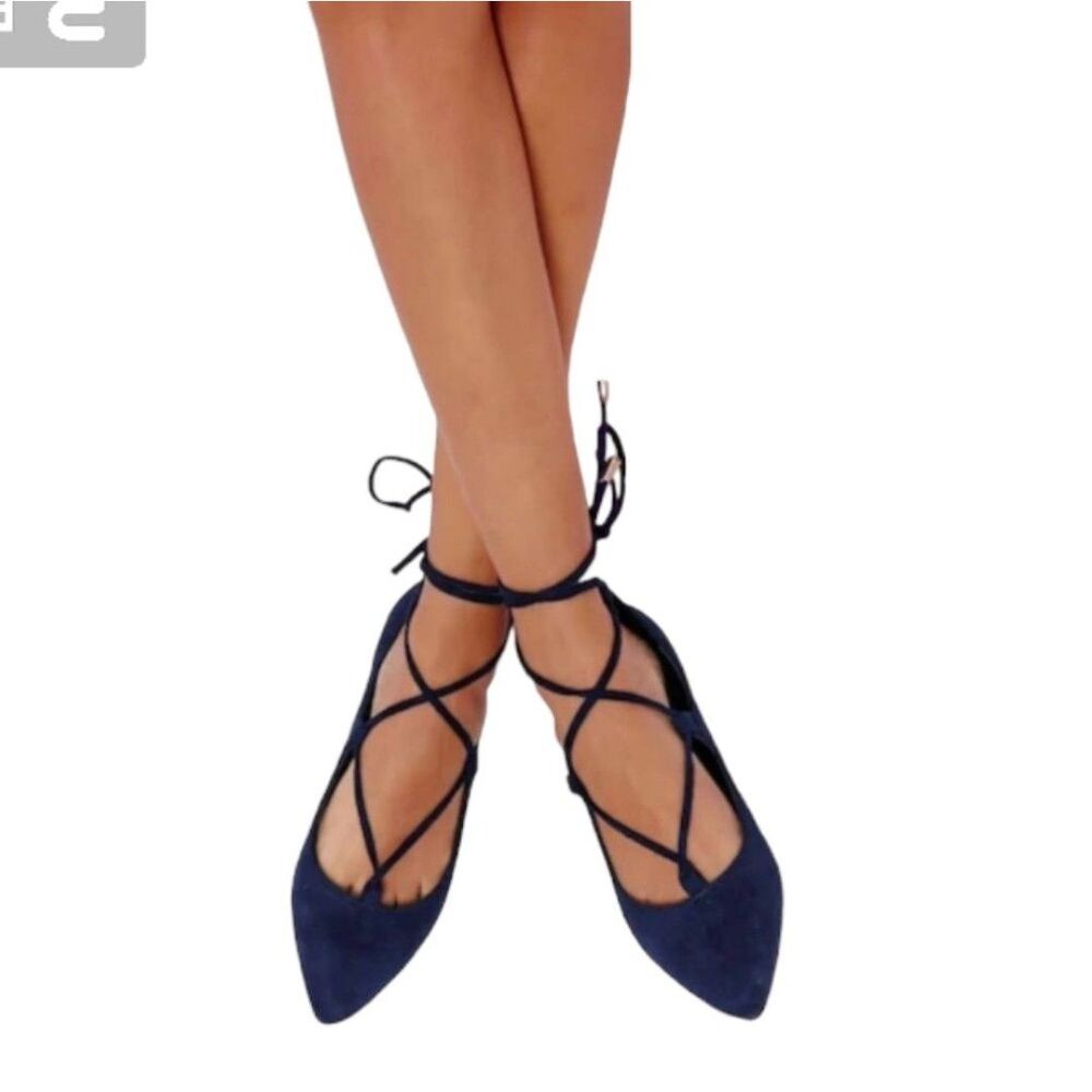 Yoki Urban 140 Navy Velvet Lace-up Flat Ballet Loafer Shoes Mary Jane's Womens